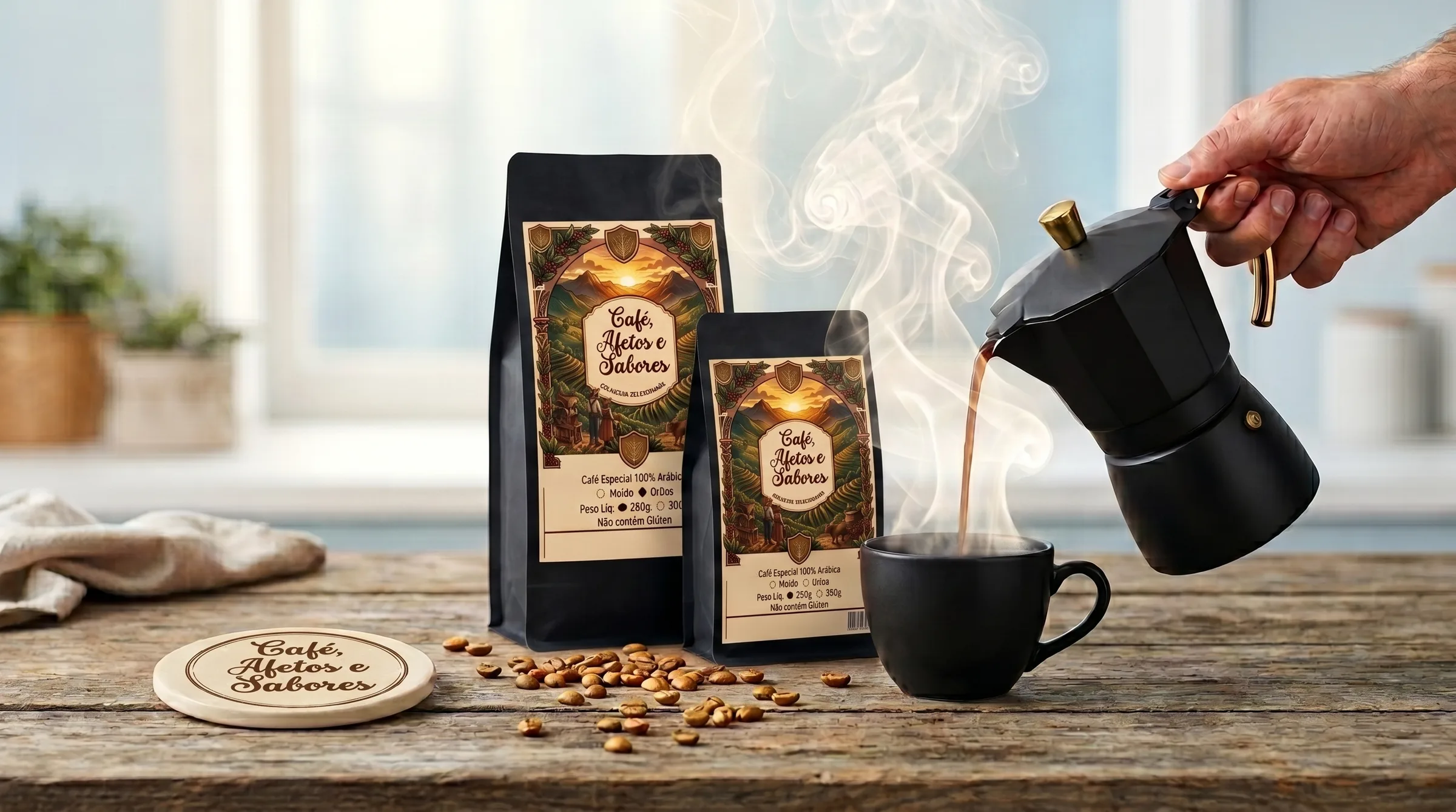 Café sendo servido de uma cafeteira italiana em xícara preta, ao lado de dois pacotes da marca e grãos espalhados sobre a mesa de madeira