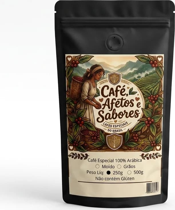 Pacote preto de 250 g do Catucaí Amarelo, de frente, com o rótulo ilustrado da lavoura e a válvula de desgaseificação