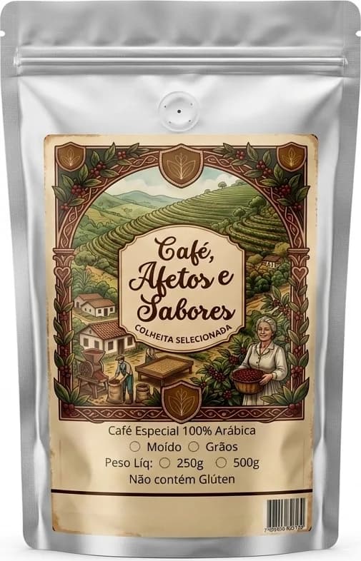 Pacote preto de 250 g do Mundo Novo, de frente, com o rótulo ilustrado da lavoura e a válvula de desgaseificação